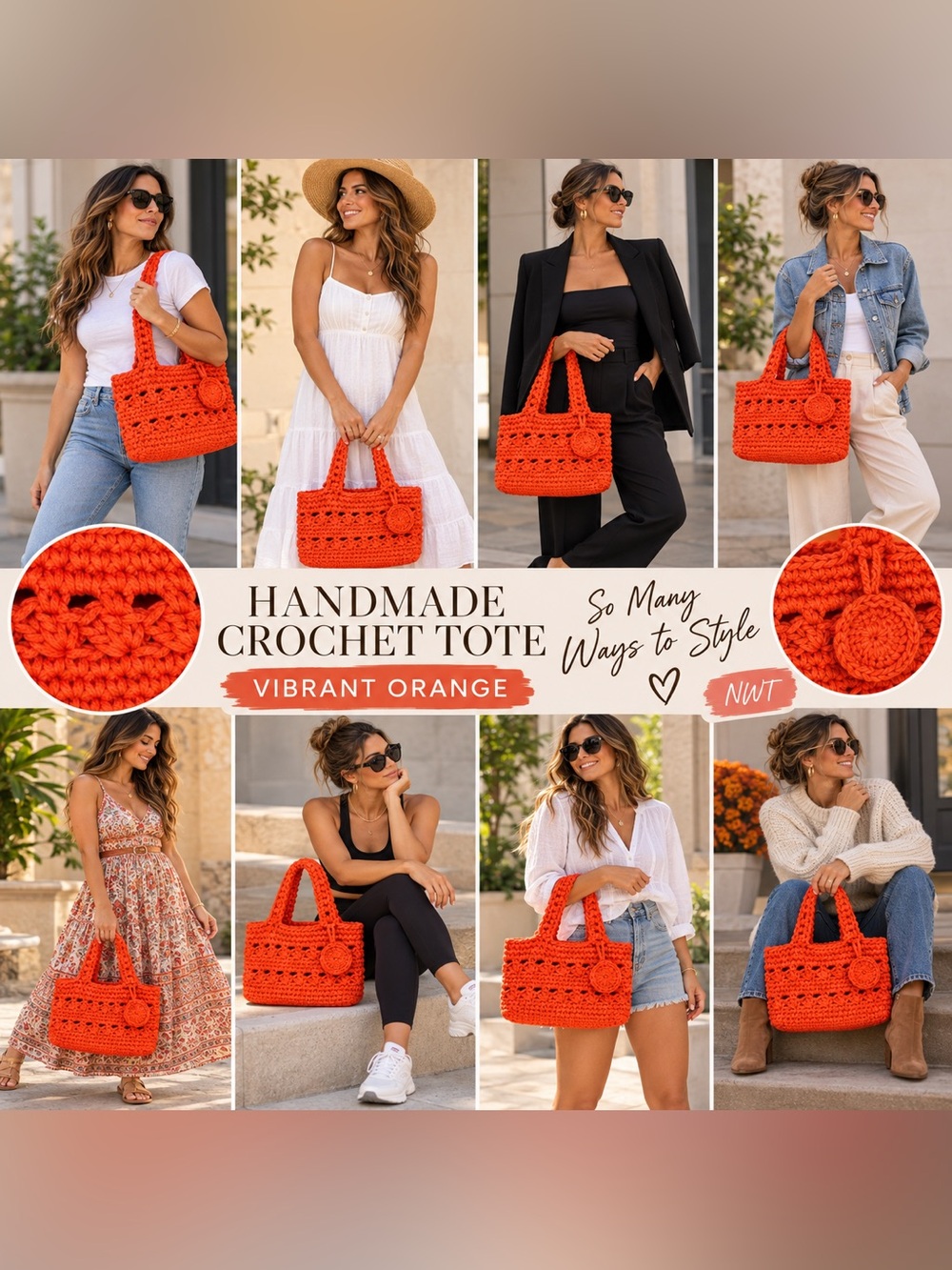 Handmade Crochet Tote Bag in Vibrant Orange BOX32BAGS